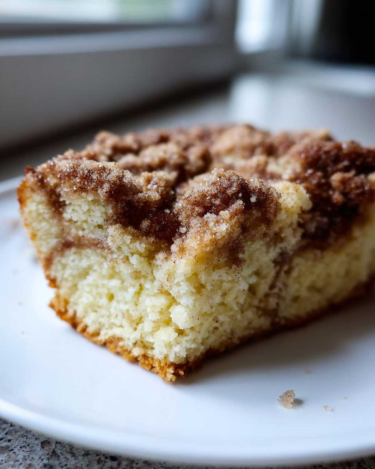 Close-up of a moist slice of coffee cake featuring a thick, crumbly cinnamon streusel topping.