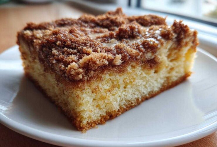 Close-up of a moist slice of coffee cake featuring a thick, crumbly cinnamon streusel topping drizzled with glaze.