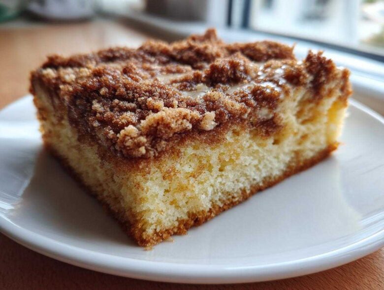 Close-up of a moist slice of coffee cake featuring a thick, crumbly cinnamon streusel topping drizzled with glaze.