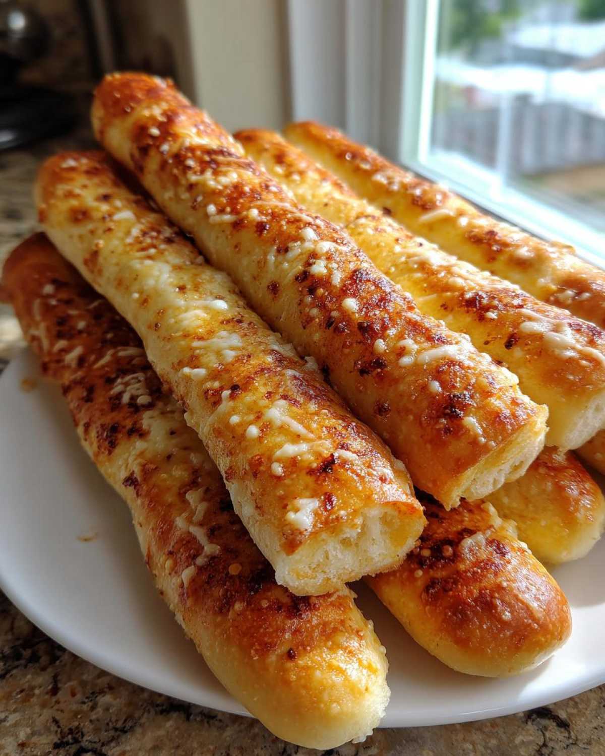 A stack of freshly baked, golden brown breadsticks topped with melted, slightly browned cheese.