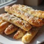A pile of freshly baked, golden brown breadsticks topped with melted cheese and herbs, ready to eat.