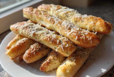 A pile of freshly baked, golden brown breadsticks topped with melted cheese and herbs, ready to eat.