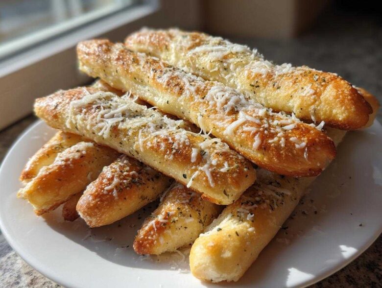 A pile of freshly baked, golden brown breadsticks topped with melted cheese and herbs, ready to eat.