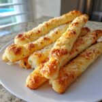 A pile of golden, freshly baked breadsticks generously topped with shredded Parmesan cheese on a white plate.