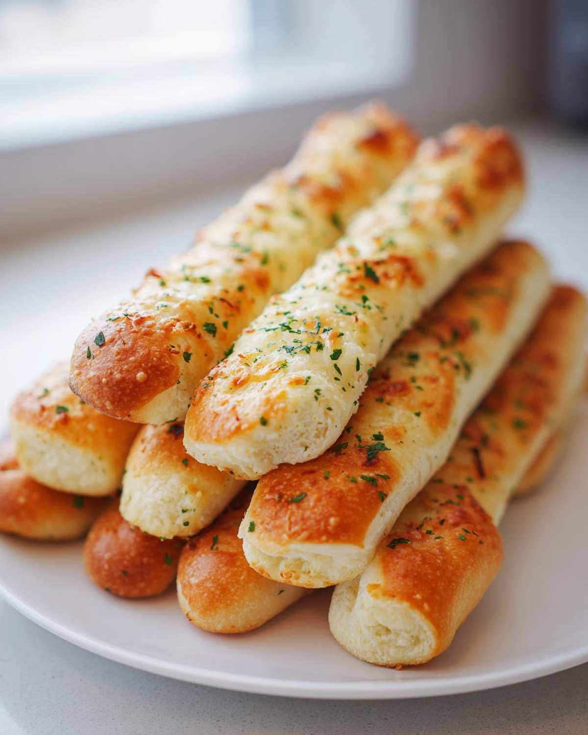 A stack of freshly baked, golden brown breadsticks topped with melted cheese and chopped parsley, ready to eat.