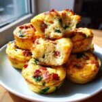 A stack of fluffy, golden egg bites filled with bacon and spinach, with one cut open to show the texture.