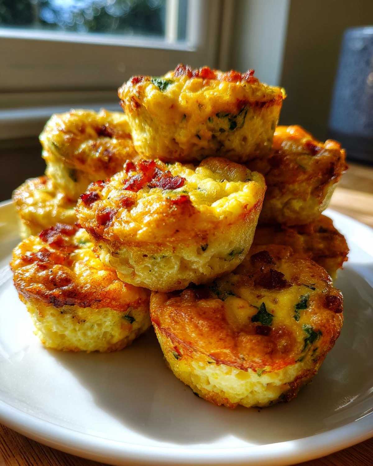 A stack of golden brown, savory egg bites topped with crispy bacon bits, ready to eat.