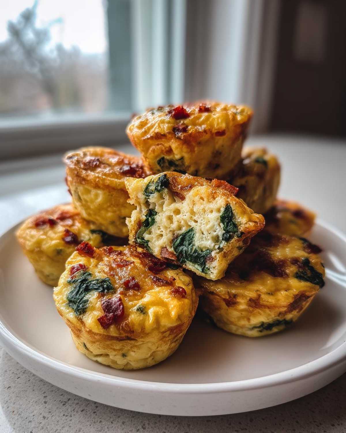 A stack of freshly baked, savory egg bites featuring spinach and bacon, with one cut open to show the fluffy interior.