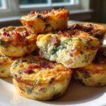 A stack of golden-brown homemade egg bites, featuring visible bacon and spinach, piled on a white plate.
