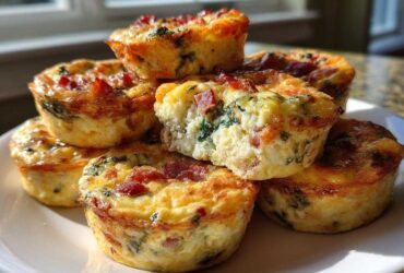 A stack of golden-brown homemade egg bites, featuring visible bacon and spinach, piled on a white plate.