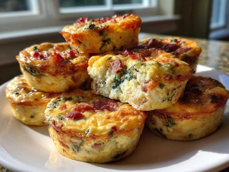 A stack of golden-brown homemade egg bites, featuring visible bacon and spinach, piled on a white plate.