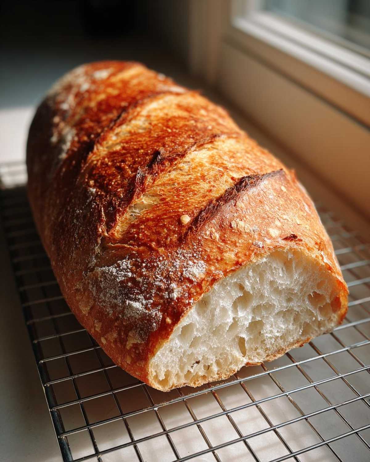 A freshly baked loaf of French bread with a deep golden crust, resting on a wire cooling rack.