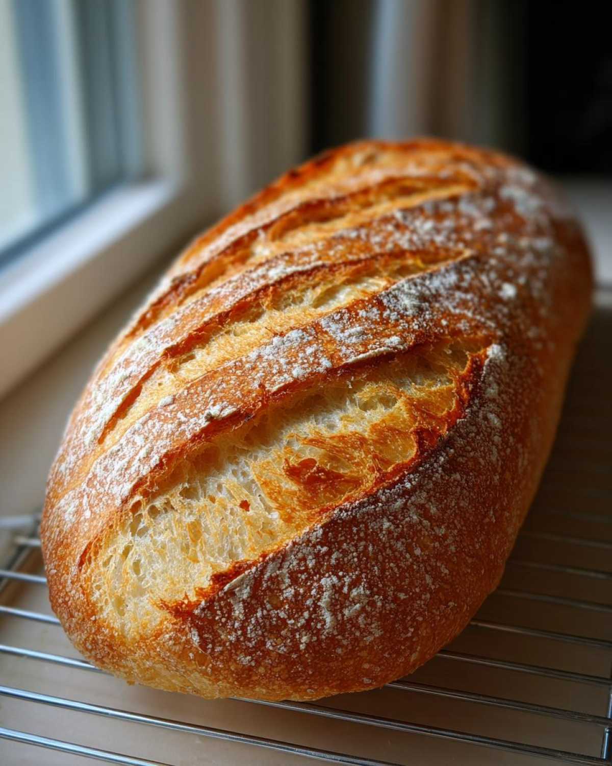 A golden-brown, crusty loaf of homemade french bread, scored and dusted with flour, resting on a wire cooling rack.
