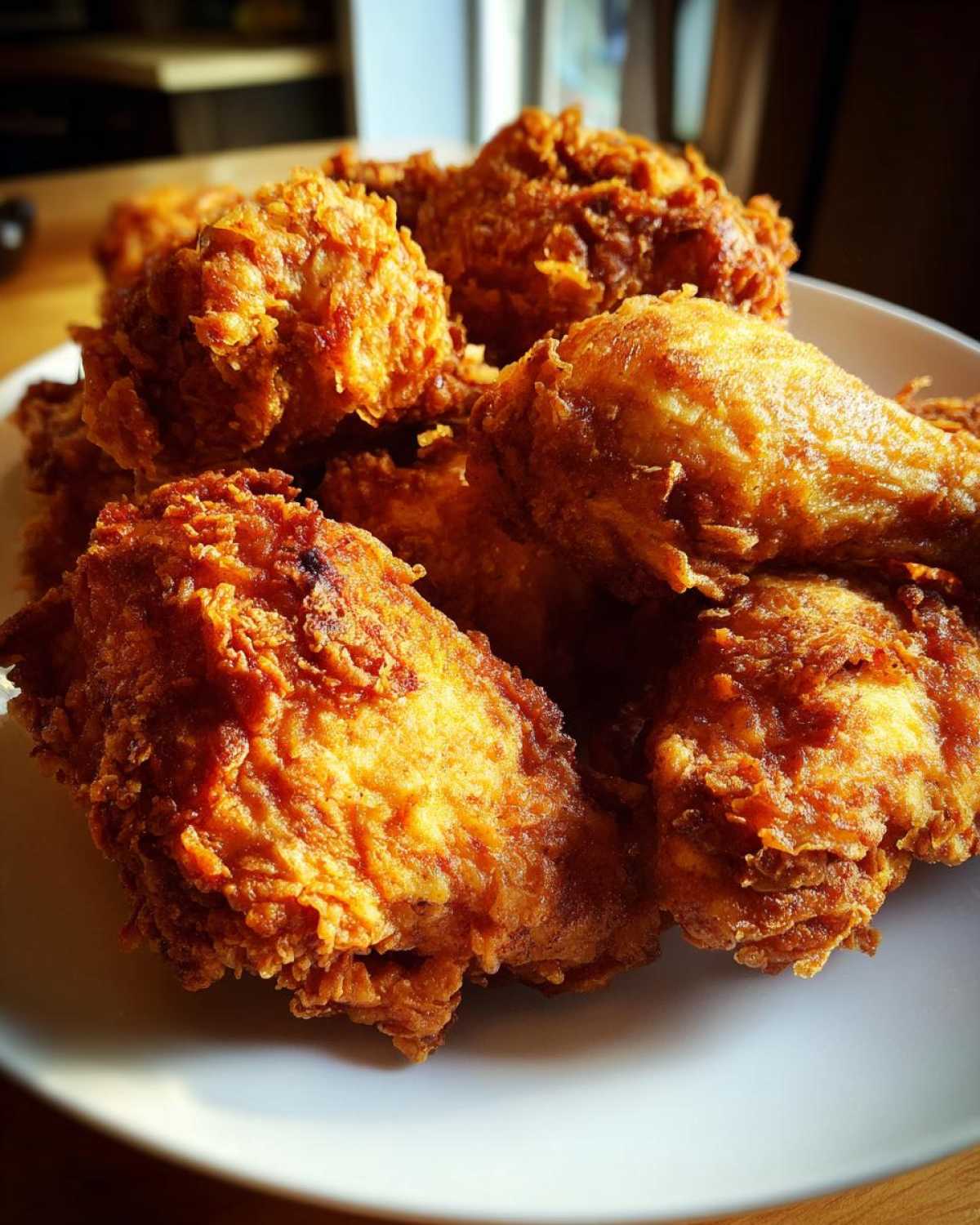 A close-up of several pieces of golden brown, crispy fried chicken piled high on a white plate.