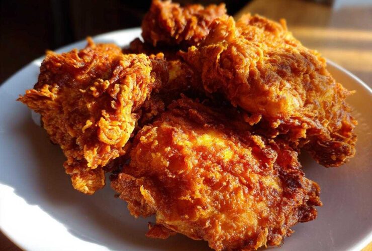 Close-up of several pieces of perfectly golden brown, crispy fried chicken piled on a white plate.
