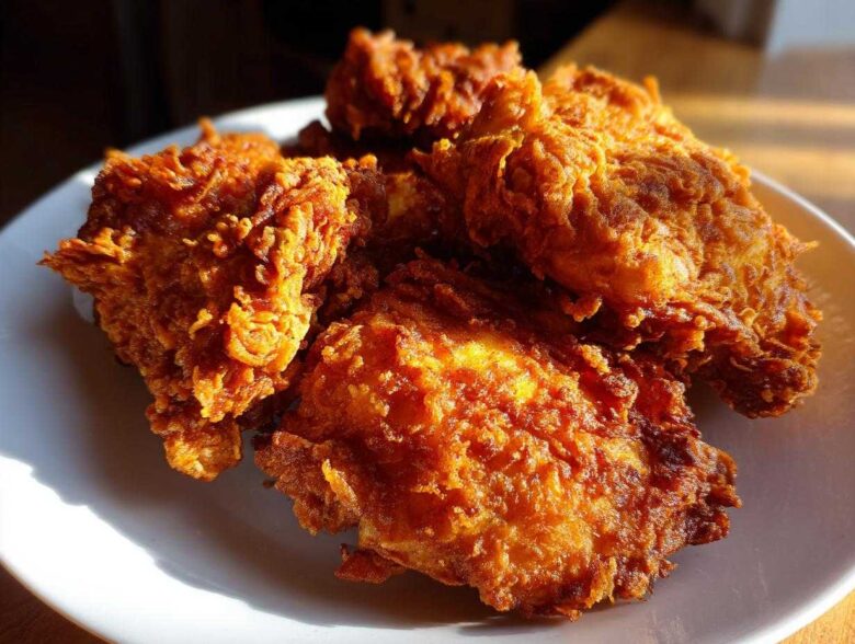 Close-up of several pieces of perfectly golden brown, crispy fried chicken piled on a white plate.