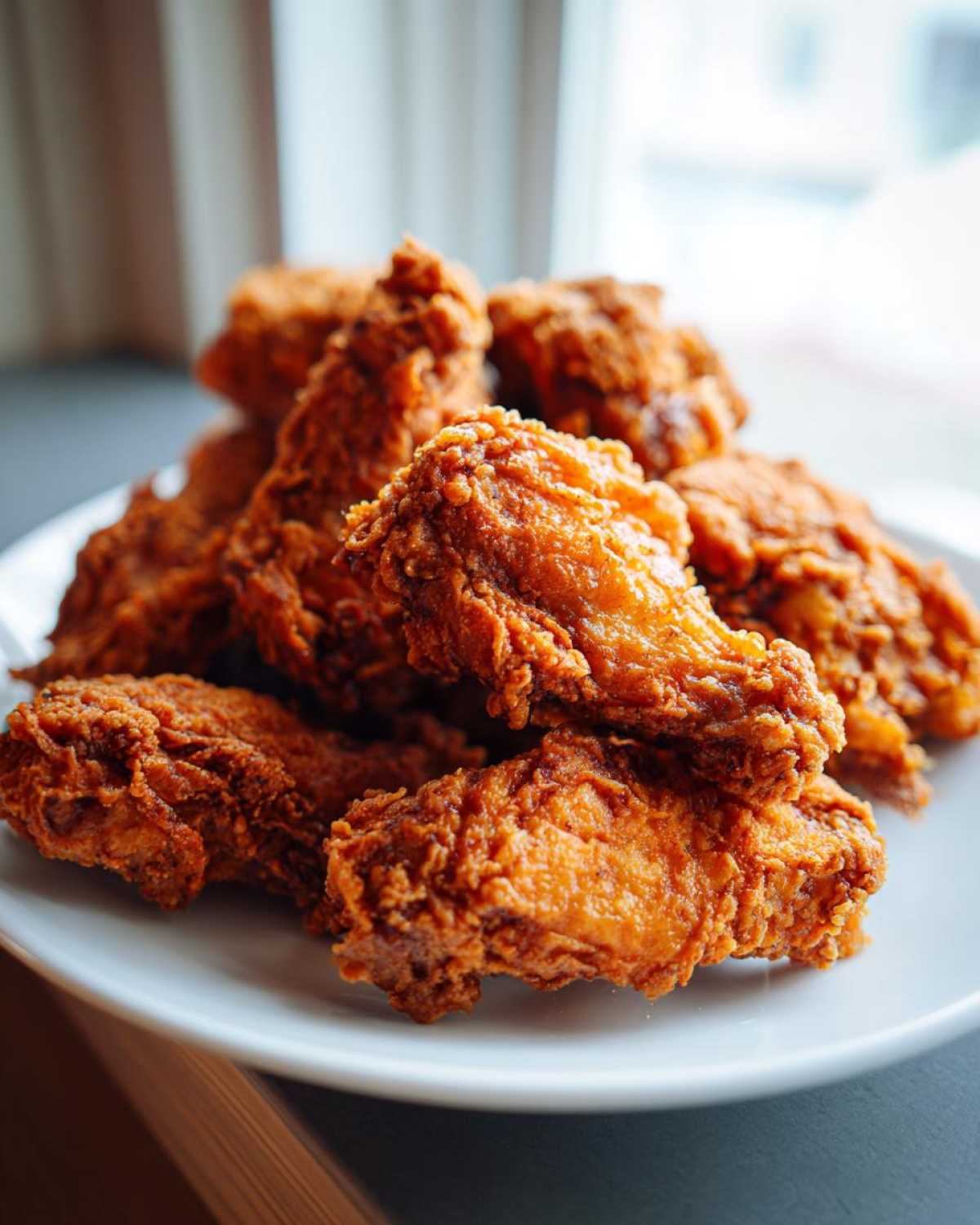 A close-up of a pile of golden brown, crispy fried chicken wings served on a white plate.