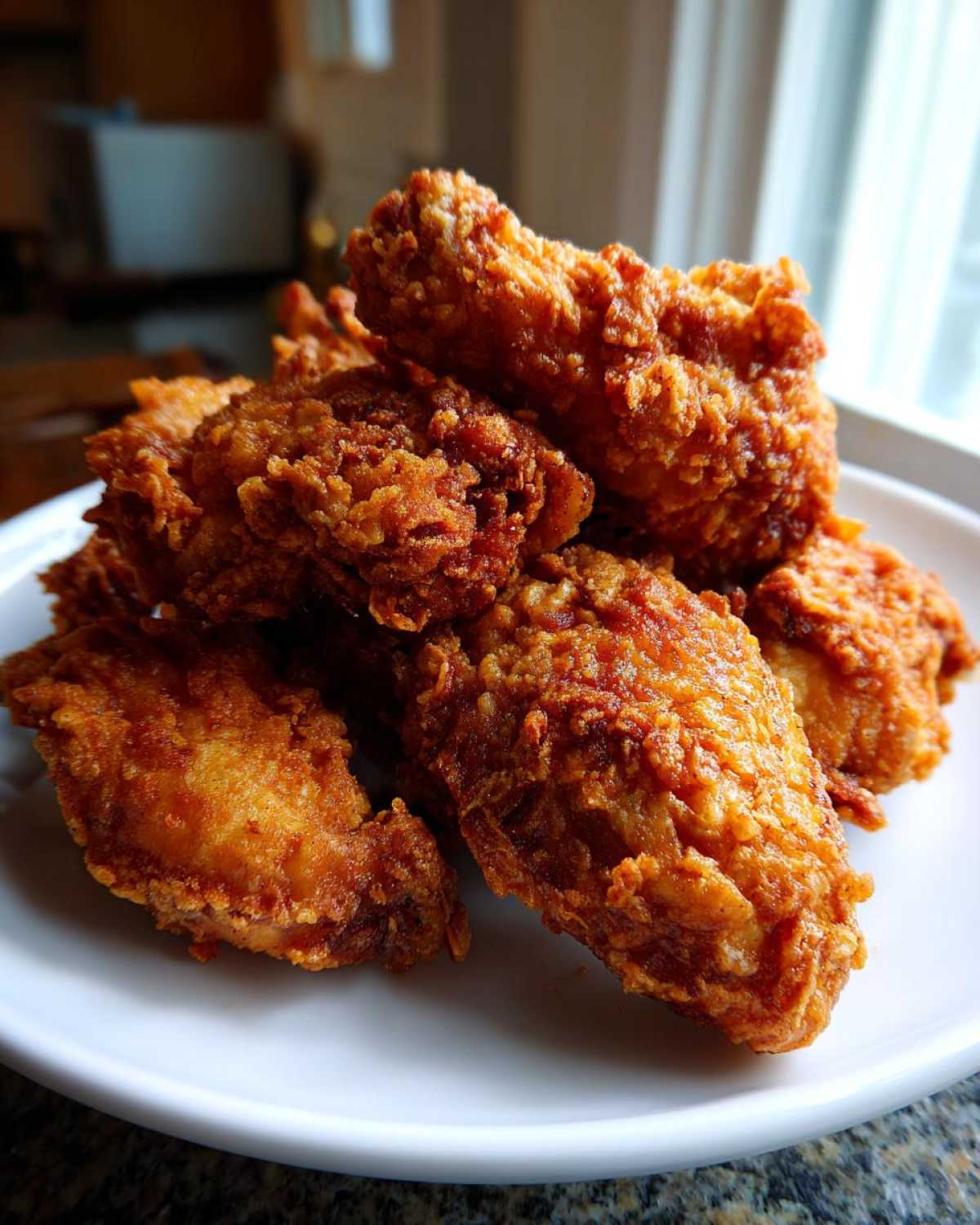 A close-up of a pile of golden brown, extra crispy fried chicken wings served on a white plate.