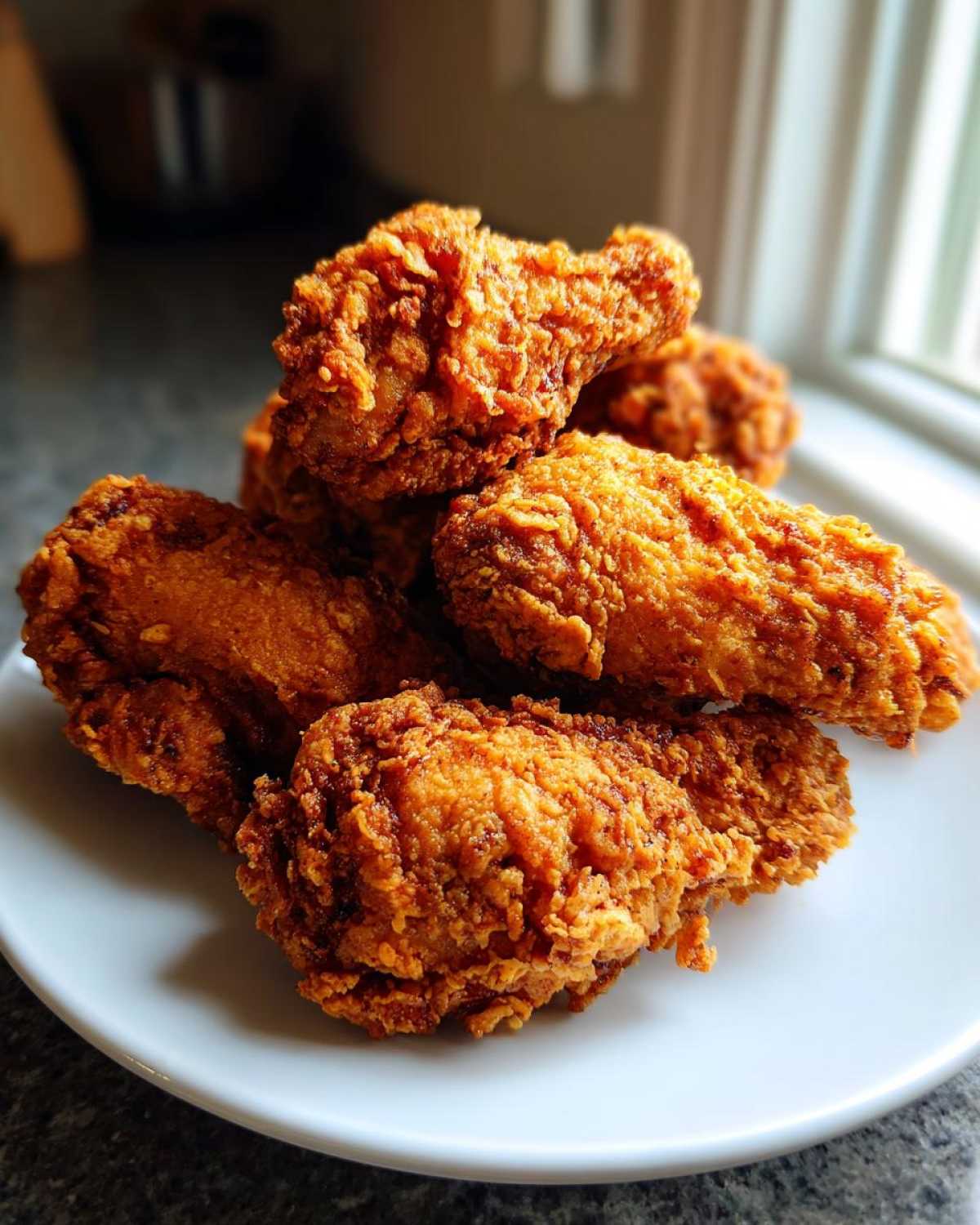 A close-up of several perfectly golden and crispy fried chicken wings piled high on a white plate.