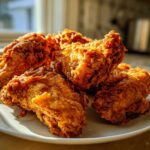 A close-up of perfectly golden and crispy fried chicken wings piled high on a white plate, highlighted by natural sunlight.