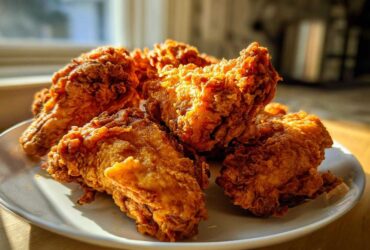 A close-up of perfectly golden and crispy fried chicken wings piled high on a white plate, highlighted by natural sunlight.