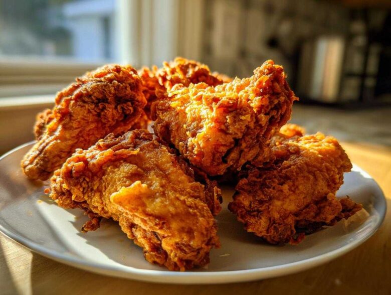 A close-up of perfectly golden and crispy fried chicken wings piled high on a white plate, highlighted by natural sunlight.