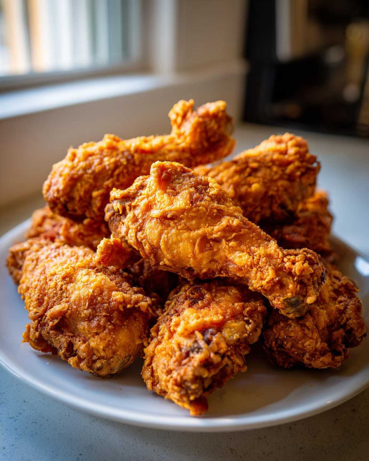 A close-up of a generous pile of golden brown, crispy fried chicken wings stacked on a white plate.