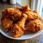 A close-up of a white plate piled high with golden brown, crispy fried chicken wings.