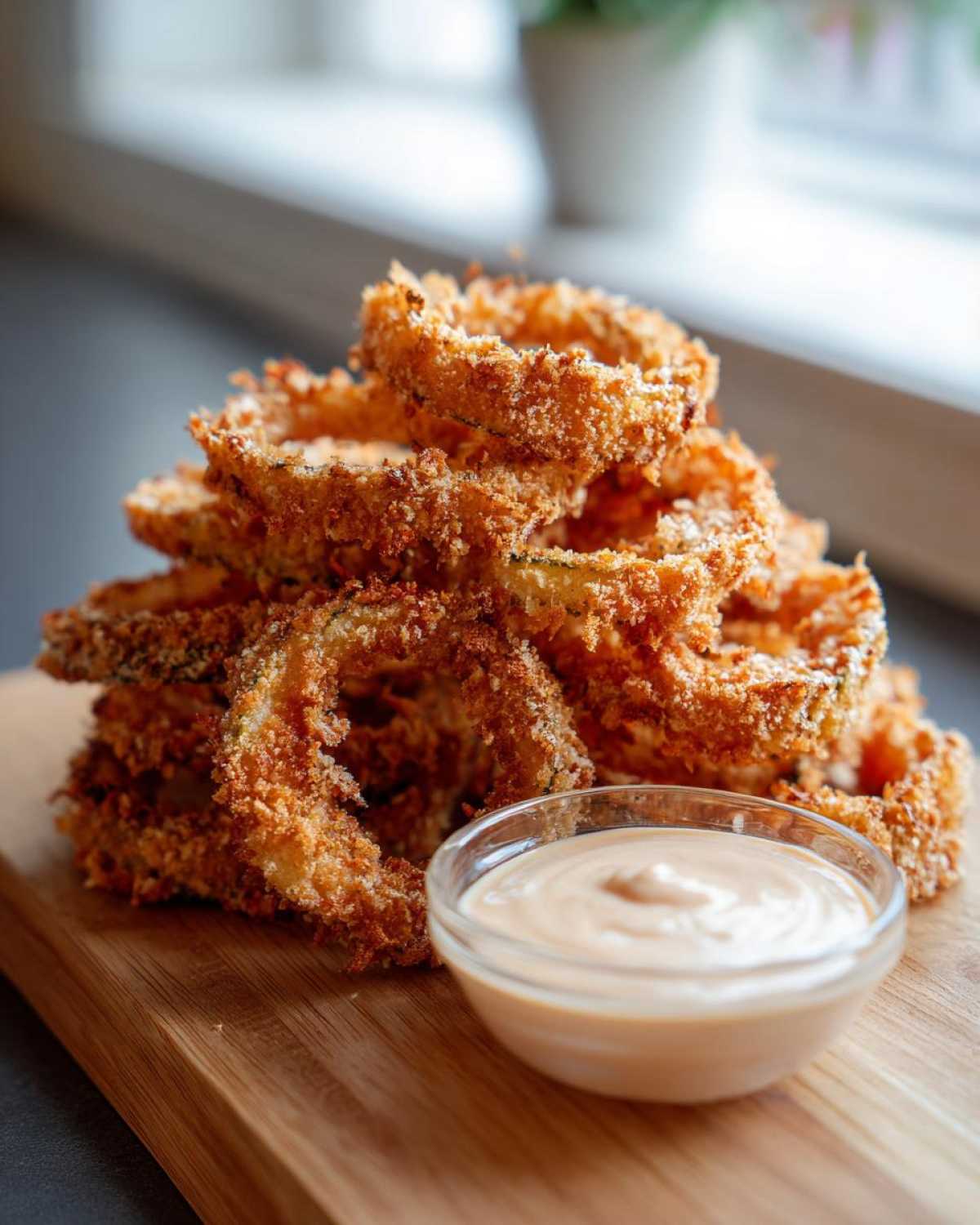 A tall stack of golden brown, crispy Fried Pickles served on a wooden board next to a small bowl of dipping sauce.