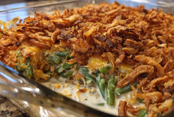 Close-up view of a creamy green bean casserole topped generously with crispy fried onions.