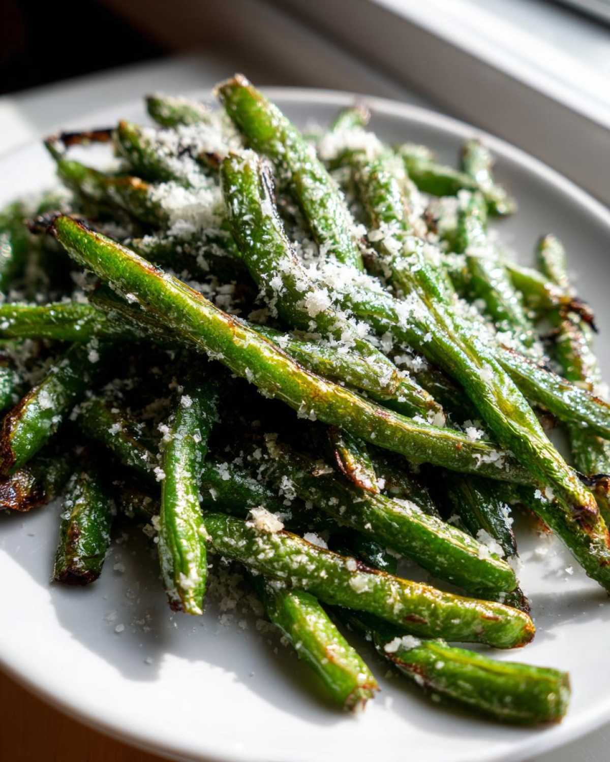 Close-up of roasted green beans topped generously with grated Parmesan cheese.