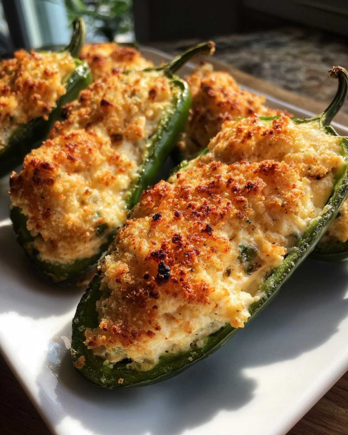 Close-up of baked Jalapeño poppers stuffed with creamy filling and topped with golden breadcrumbs.