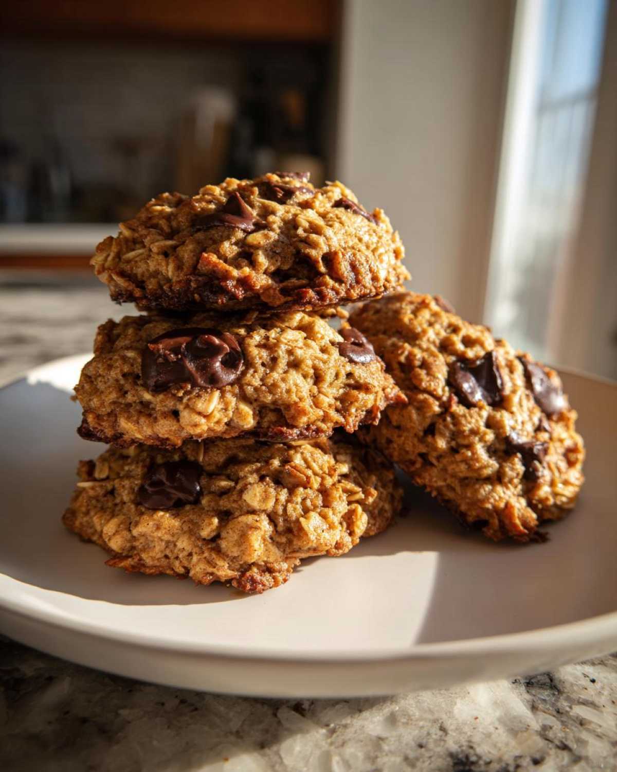 A stack of three freshly baked chocolate chip oatmeal cookie on a light plate, bathed in sunlight.