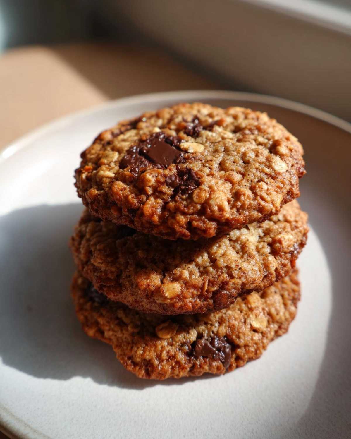 A stack of three freshly baked oatmeal cookie with visible chocolate chunks, sitting on a light plate.