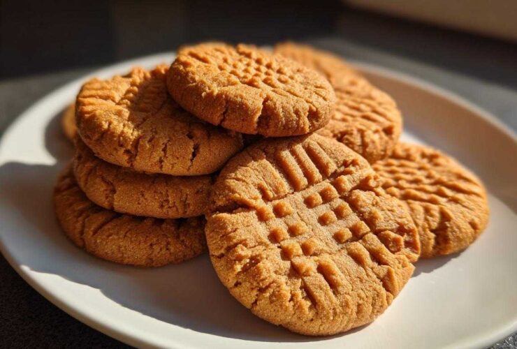 A stack of golden brown peanut butter cookies featuring classic crisscross fork marks, sitting on a white plate.