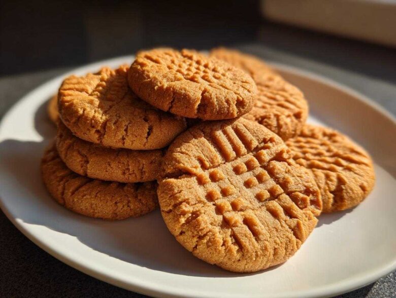 A stack of golden brown peanut butter cookies featuring classic crisscross fork marks, sitting on a white plate.