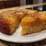 A slice removed from a golden pineapple upside down cake showing the moist crumb and caramelized pineapple topping.