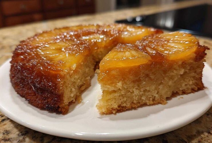 A slice removed from a golden pineapple upside down cake showing the moist crumb and caramelized pineapple topping.
