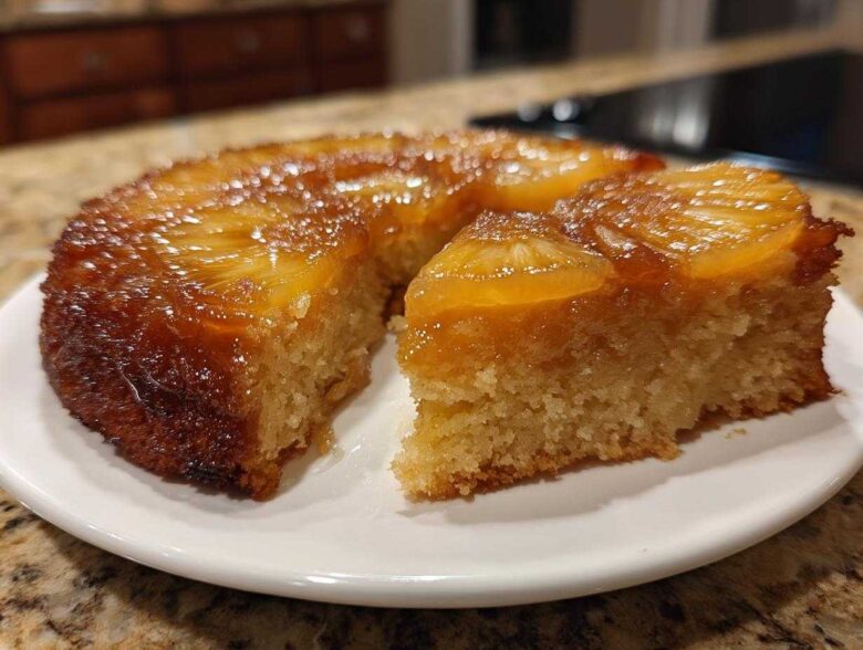A slice removed from a golden pineapple upside down cake showing the moist crumb and caramelized pineapple topping.