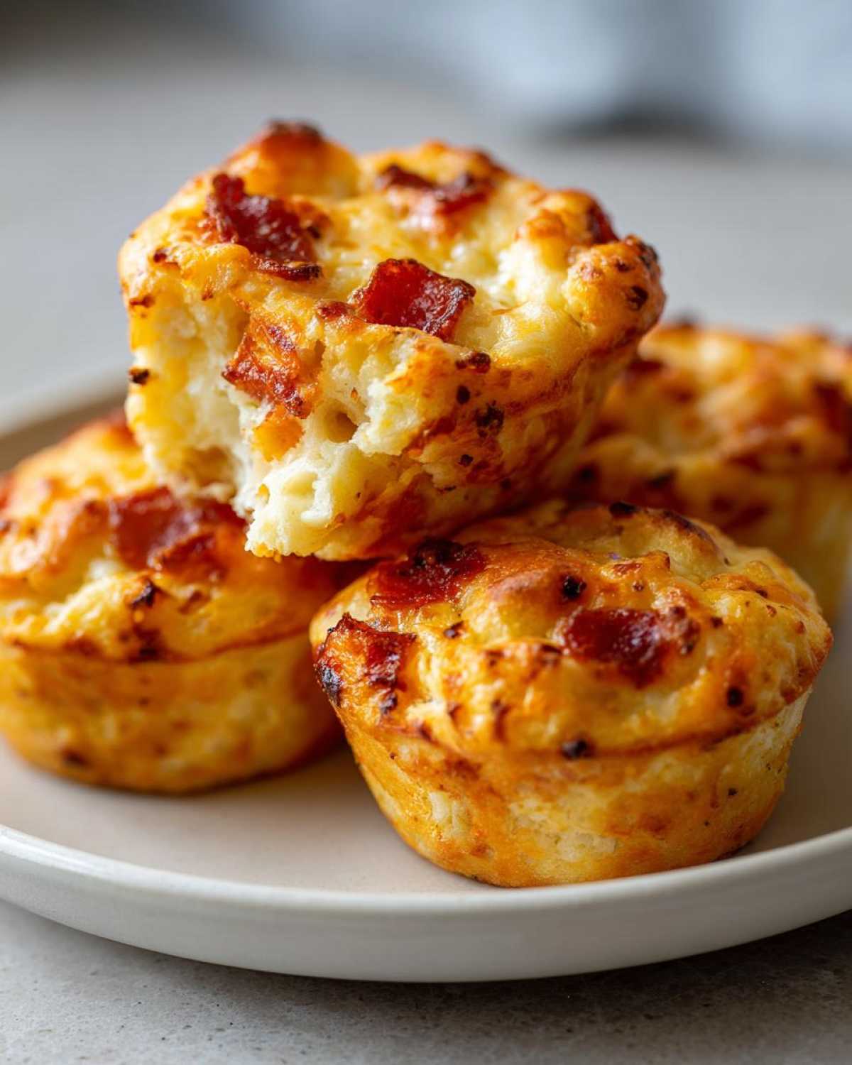 A stack of golden brown, savory pizza muffins, one broken open to show the fluffy interior and bacon pieces.
