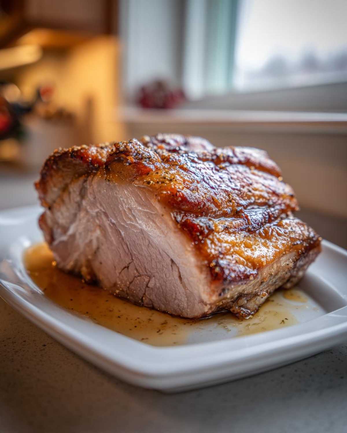Close-up of a perfectly cooked pork loin roast with a golden, crispy top resting in its juices on a white platter.