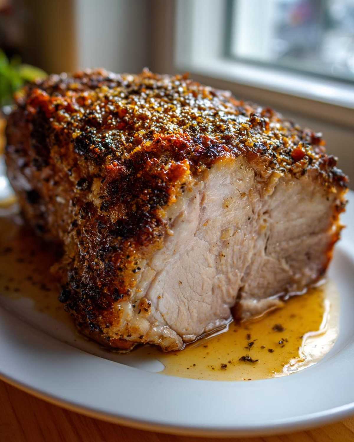 Close-up of a juicy pork loin roast with a dark, seasoned crust resting in its own pan juices.