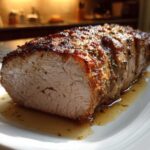 Close-up of a juicy pork loin roast, sliced to show the tender interior and seasoned crust, resting in pan juices.