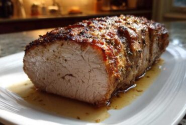 Close-up of a juicy pork loin roast, sliced to show the tender interior and seasoned crust, resting in pan juices.