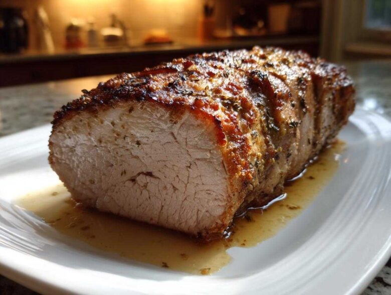 Close-up of a juicy pork loin roast, sliced to show the tender interior and seasoned crust, resting in pan juices.