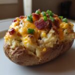 A close-up of an amazing twice baked potato stuffed with mashed potato, topped with melted cheddar cheese, bacon bits, and green onions.