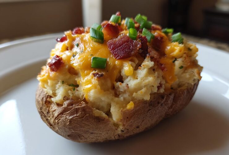 A close-up of an amazing twice baked potato stuffed with mashed potato, topped with melted cheddar cheese, bacon bits, and green onions.