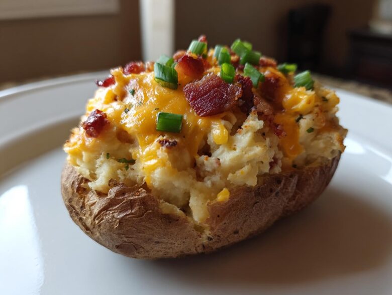 A close-up of an amazing twice baked potato stuffed with mashed potato, topped with melted cheddar cheese, bacon bits, and green onions.