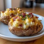 Close-up of two amazing twice baked potatoes stuffed with cheese, bacon bits, and fresh chives on a white plate.