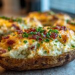 A close-up of an amazing twice-baked potato stuffed with creamy filling, topped with melted cheese, bacon bits, and fresh chives.